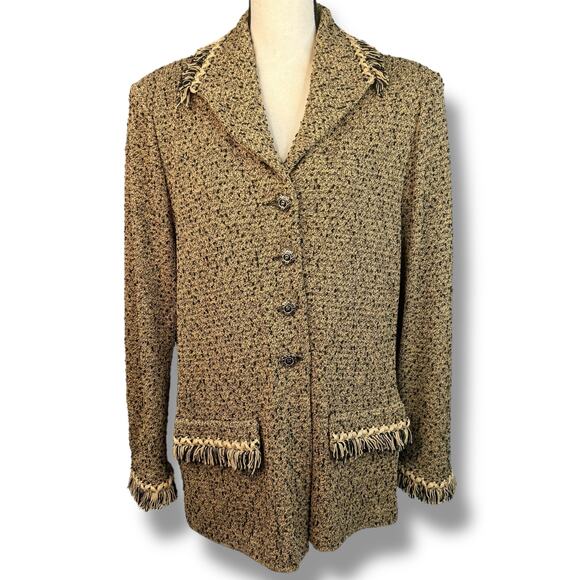 St John Collection Womens Tweed Blazer Jacket Fringe Trim Gold Tan Black Size 16 - Picture 1 of 11